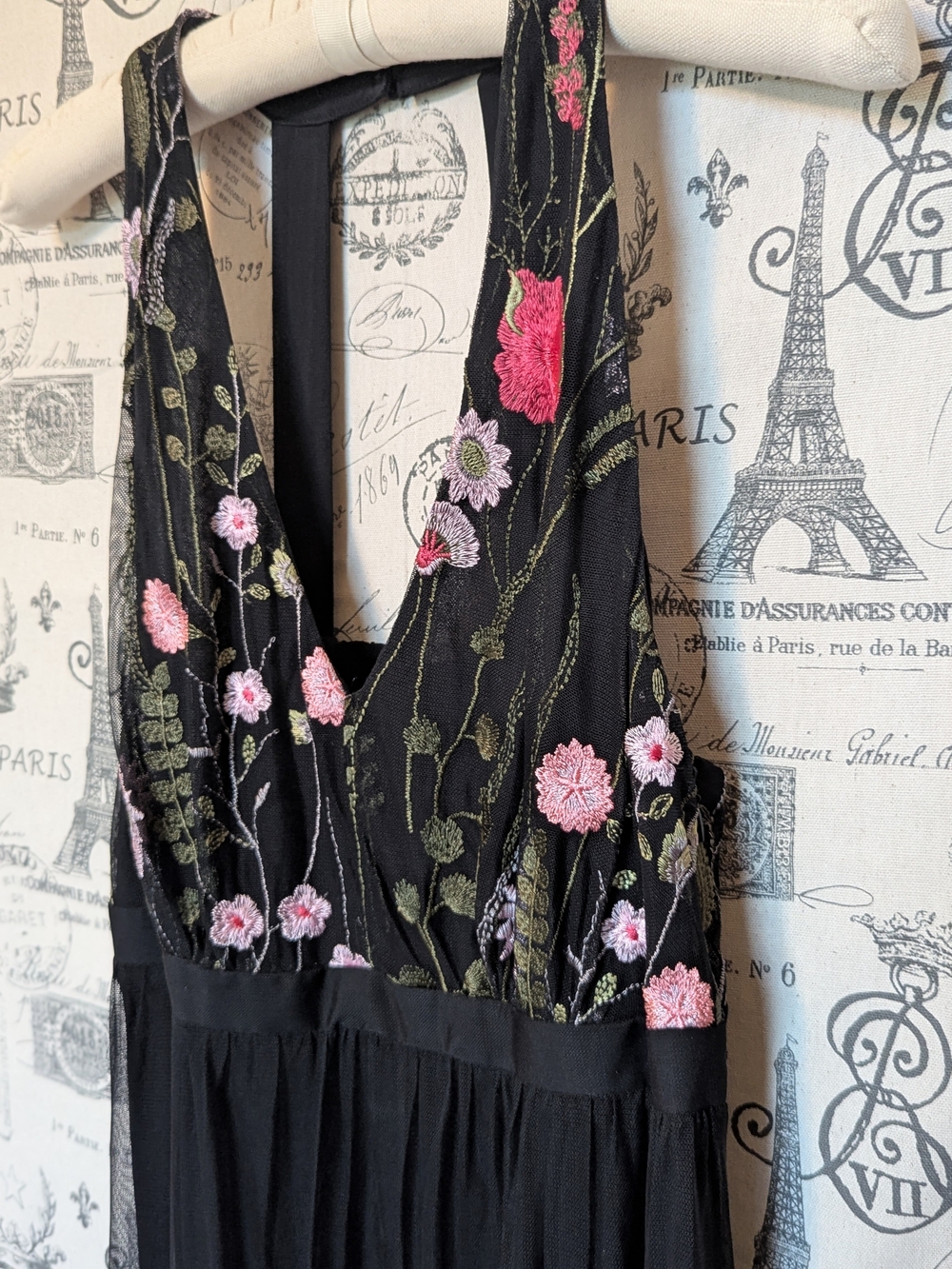INC Bohemian Black Maxi Dress with Floral Embroidery Size Medium